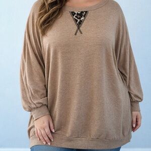 Emerald NWOT Brown Long Sleeve Top with Leopard Accent